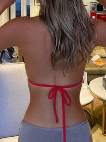 Swim Basics 2025 Women's Solid Color Halter Tie Sexy Bikini Top, Summer Beach - Red - View 2