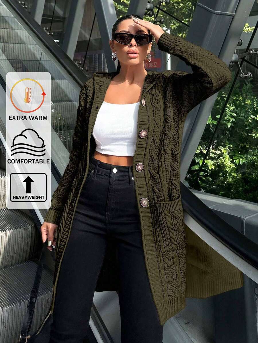 Women's Casual Solid Color Hooded Cardigan With Pockets