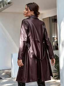 SHEIN x Carly Lawrence Chiquease Áo khoác trench coat thắt lưng màu trơn, thời trang khi đi làm vào mùa thu - Màu tím - Xem 2
