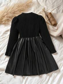 SHEIN 1 Stück Mädchen Rundhals Langarm Rippstrick Patchwork Blumen Saum Kleid, süß & damenhaft, Herbst - Schwarz - Übersicht 5