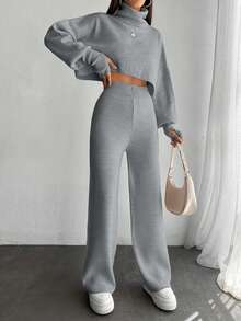 EURMUSE 2pcs/Set Elegant Turtleneck Puff Sleeve Pullover Sweater And Pants Co-Ord Suit,Petite,Winter Clothes - Light Grey - View 3