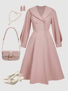 SHEIN MOD 加大码粉色翻领双排扣收腰中长款大衣，优雅少女风秋冬女装，圣诞节适用。 - 粉色 - 查看 9