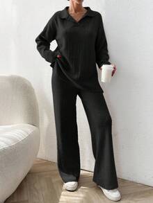 EURMUSE 2pcs/Set Solid Color Ribbed Polo Neck Loose Knit Sweater - Black - View 6