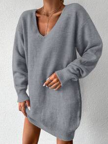 EURMUSE Women's Solid V-Neck Drop Shoulder Ribbed Knit Sweater Dress - Grey - View 3