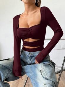 SHEIN Unity Bộ đồ bơi liền thân dài tay cổ vuông khoét lỗ thanh lịch cho nữ dài tay màu đen - Màu Đỏ Sâu - Xem 4