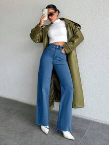 SHEIN Cottnline 女式高腰口袋阔腿宽松休闲百搭牛仔裤 - 藍色 - 查看 5