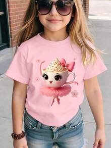 Young Girl' Fashionable Cute Cartoon Cup & Ballet Girl Heart Graphic Casual Basic Short Sleeve T-Shirt