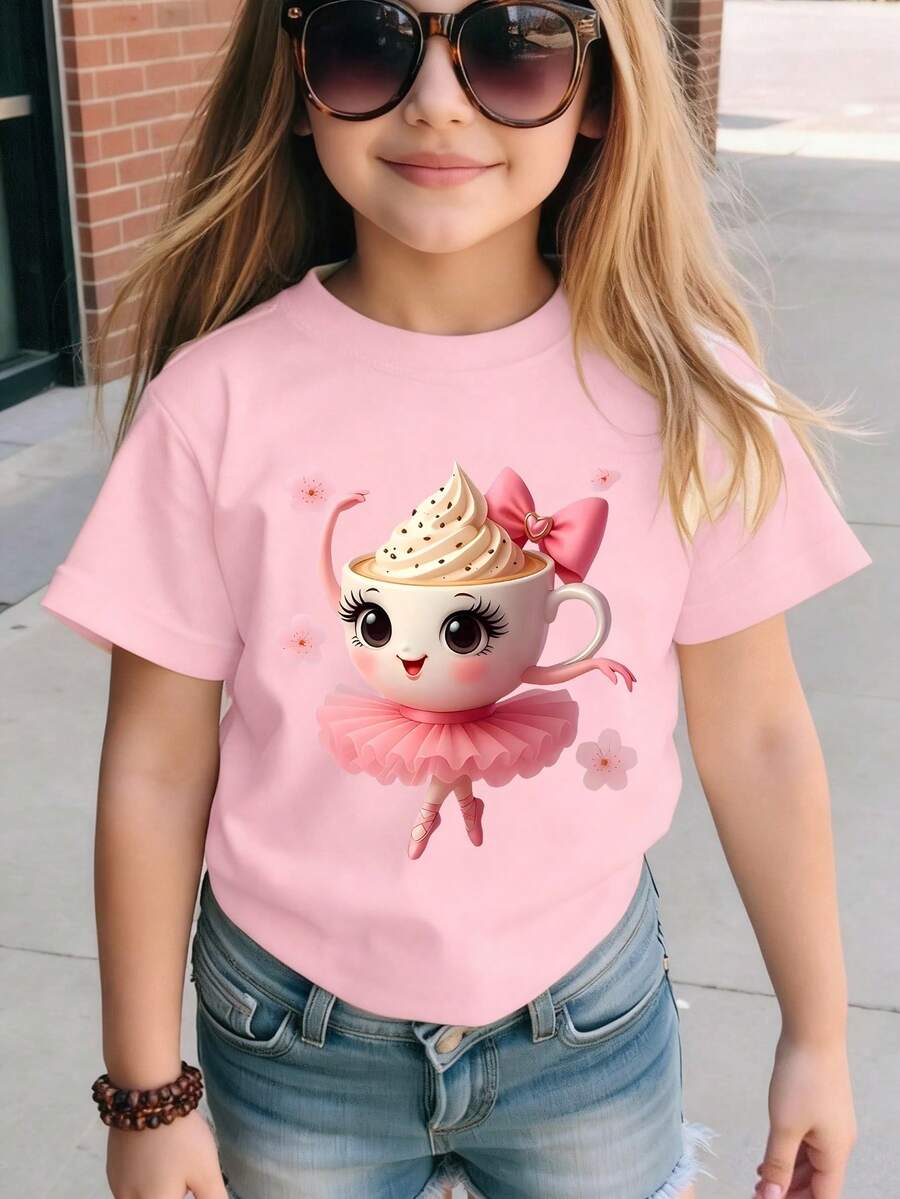 Young Girl' Fashionable Cute Cartoon Cup & Ballet Girl Heart Graphic Casual Basic Short Sleeve T-Shirt