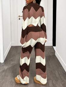 BamGleam Conjunto de pantalones de punto con rayas onduladas para mujer, otoño/invierno - Multicolor - Ver 2