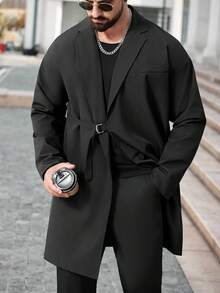 Manfinity CasualCool Áo khoác trench coat trơn màu thường ngày cho nam, màu đen, phong cách Old Money, mùa thu - màu đen - Xem 6