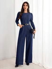 Selianne 女士时尚通勤泡泡袖牛仔连体裤 - 藍色 - 查看 1