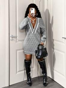 BamGleam Deep V-Neck Textured Padded Knit Striped Long Sleeve Fashionable Winter Mini Dress - Light Grey - View 5