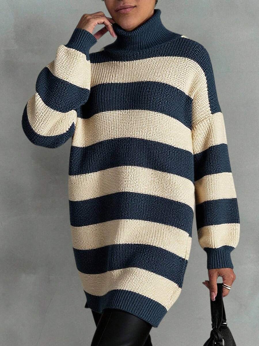 EURMUSE Women Drop Shoulder Sweater Dress With Striped Pattern - Blue - View 1