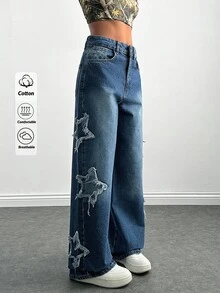 EURMUSE Women's Rapper Athleisure Grunge Star Pattern Washed Jeans - Medium Wash - View 1