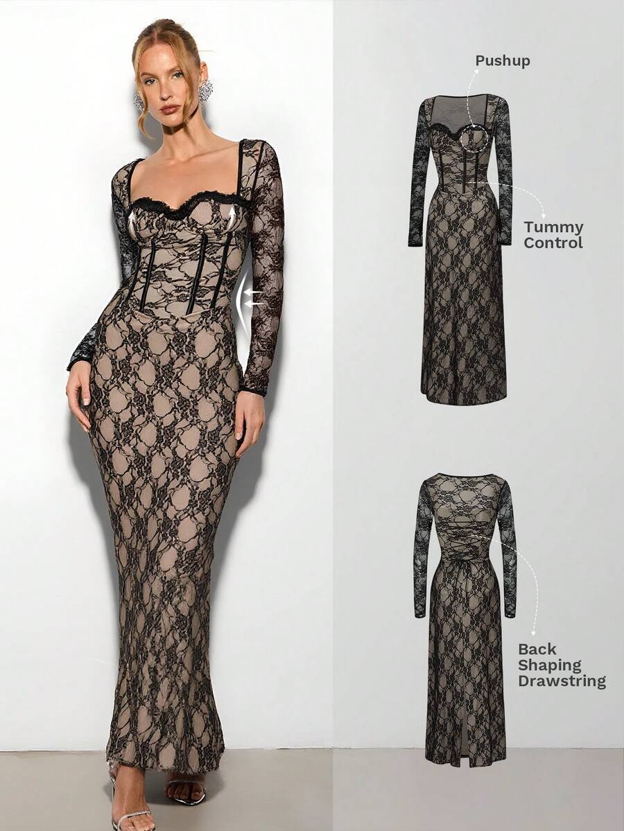 Nuvra 优雅合身美人鱼连衣裙，黑色蕾丝系带长袖及地开衩连衣裙 - 黑色 - 查看 1