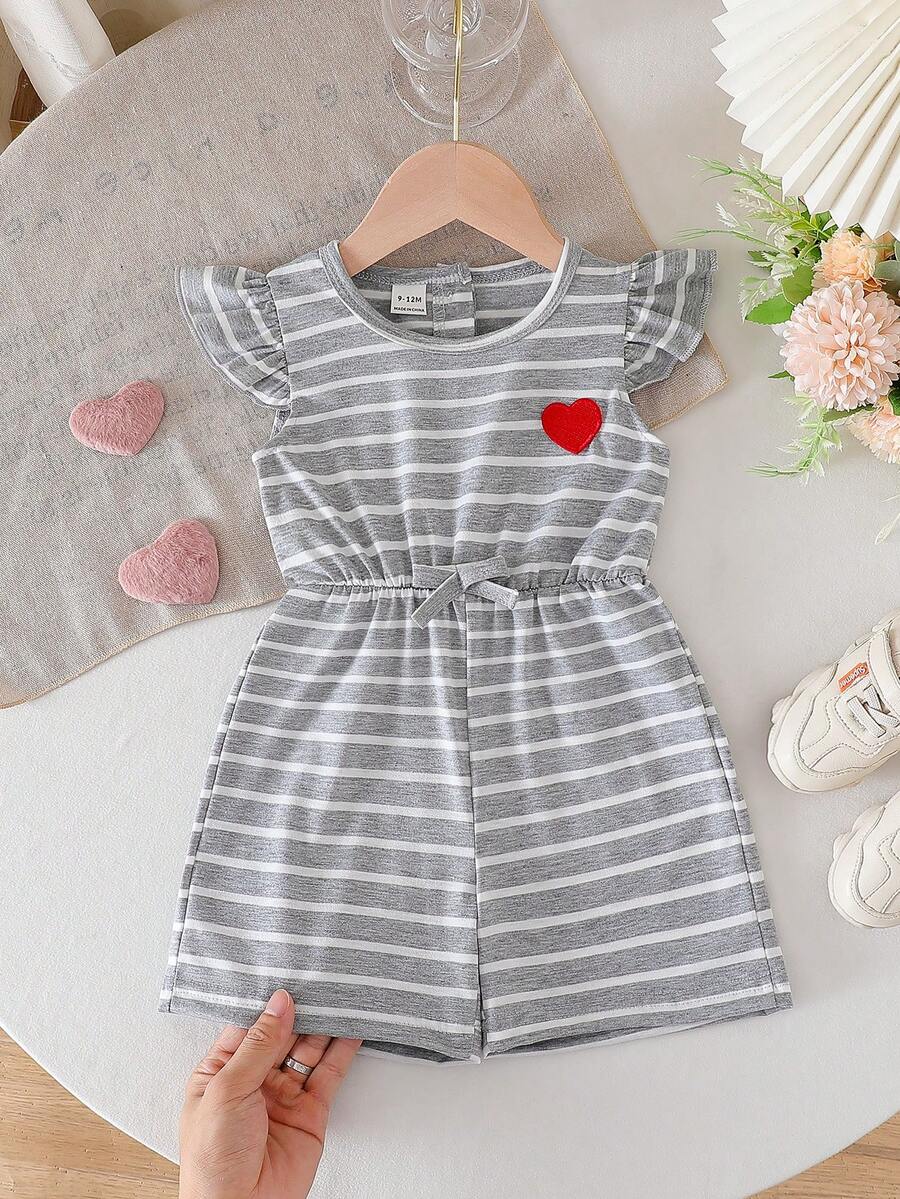 SHEIN Baby Girls Adorable Grey Striped Romper With Red Heart Embroidery Round Neck Ruffle Flounce Sleeves And Short Length Polyester Outfit - Grey - View 1