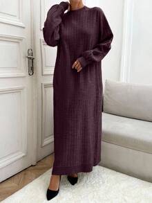 SHEIN Tall Abito maglione casual in maglia a costine, maniche lunghe, girocollo, lunghezza maxi, per donne alte - Bordò - Visualizzare 4