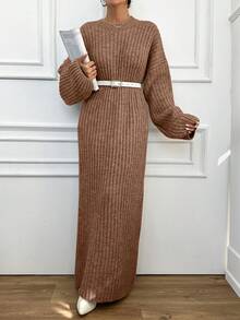 EURMUSE Women's Solid Color Drop Shoulder Long Sleeve Knit Casual Dress,Petite - Krem - View 6