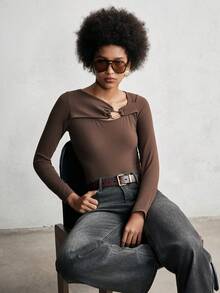 Lumivelle Women's Fashionable Front Button Decor Fitted Long Sleeve T-Shirt, Autumn - Brown - View 6