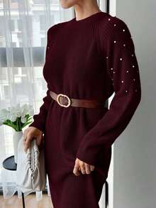EURMUSE Round Neck Raglan Sleeve Maxi Sweater Dress With Beading - Burgundy - View 2