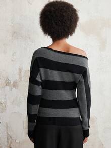SHEIN LUNE Fashionable Contrast Stripe Asymmetric Shoulder Sweater, Autumn/Winter - Multicolor - View 2