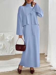 EURMUSE Women Sleeveless High Neck Sweater Dress With Cardigan - Baby Blue - View 7