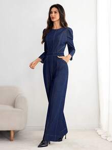 Selianne 女士时尚通勤泡泡袖牛仔连体裤 - 藍色 - 查看 4