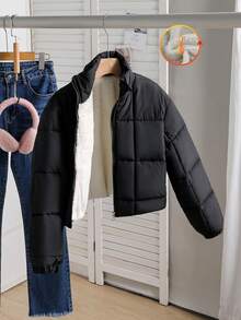 SHEIN Sparklyn Tween Girl 保暖纯色立领保暖内衬短款复古飞行员夹克 - 黑色 - 查看 1