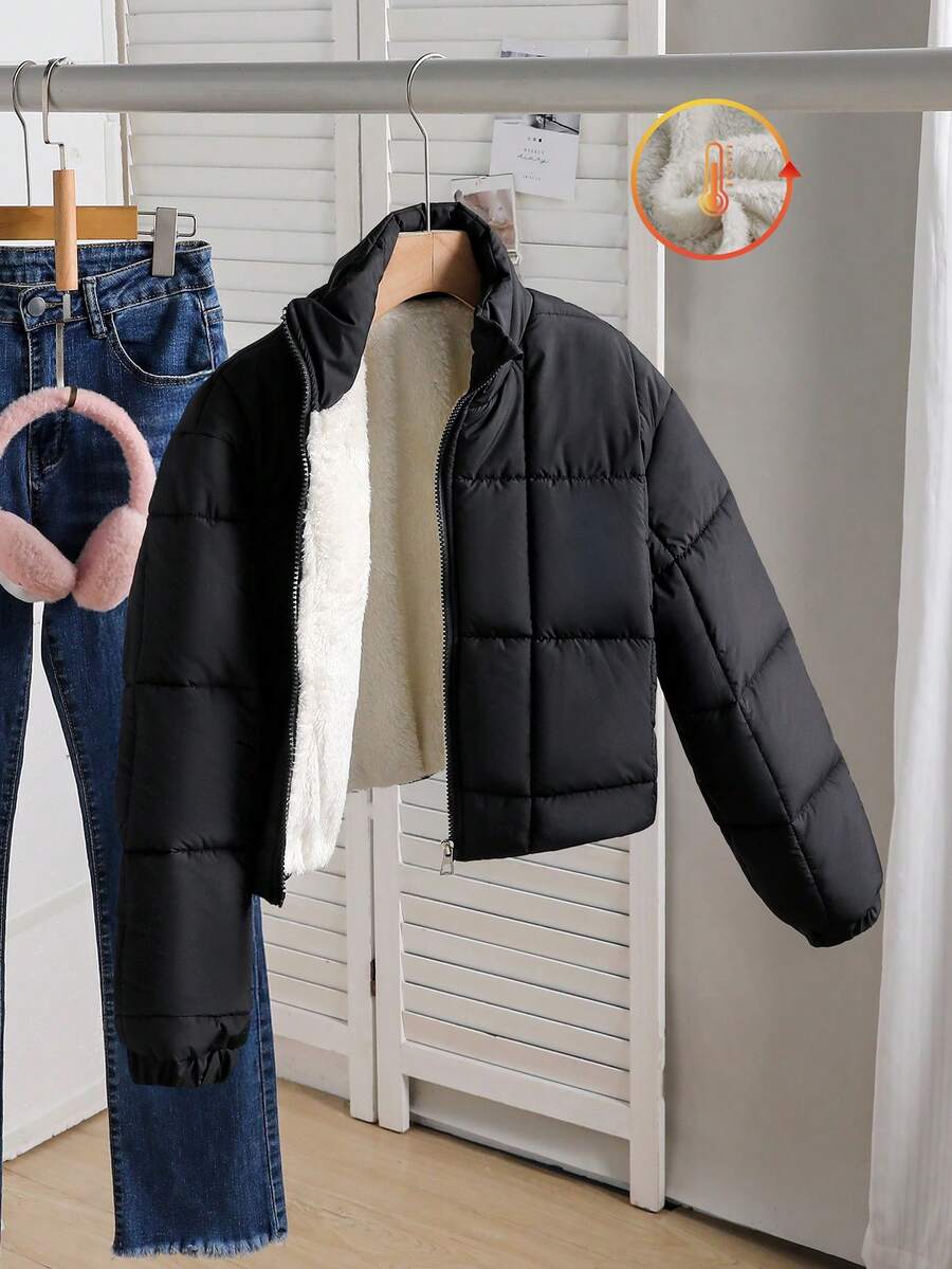 SHEIN Sparklyn Tween Girl 保暖纯色立领保暖内衬短款复古飞行员夹克 - 黑色 - 查看 1