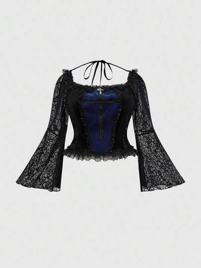 EDITION Blusa de mujer talla grande de estilo gótico en azul oscuro con encaje, para otoño/invierno. Camisa de terciopelo gótico oscuro con parches, encaje azul brillante y cruz de terciopelo, blusa de mujer talla grande, adecuada para fiesta de Halloween, cena, banquete, estilo palaciego gótico vintage para mujer de talla grande