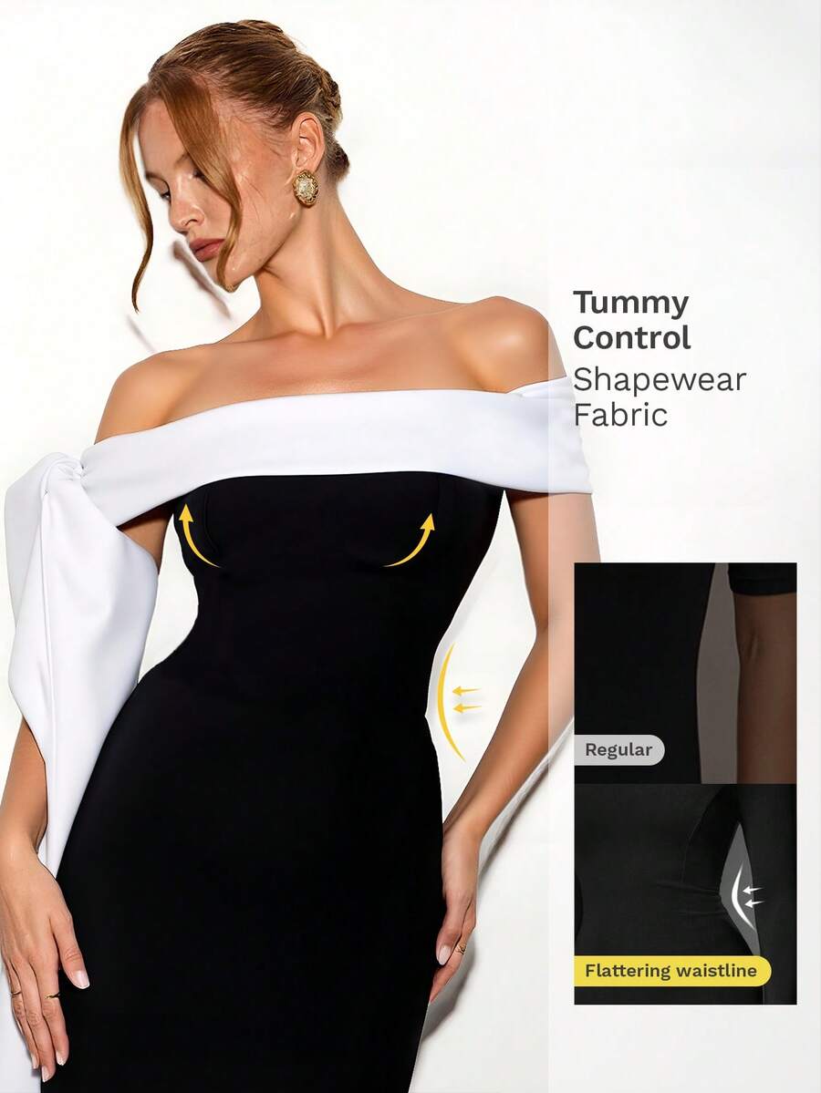 Nuvra 优雅端庄的黑白针织绷带紧身开衩中长连衣裙 - 黑與白 - 查看 1