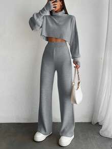 EURMUSE 2pcs/Set Elegant Turtleneck Puff Sleeve Pullover Sweater And Pants Co-Ord Suit,Petite,Winter Clothes - Light Grey - View 4