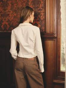 Aralina Fall / Winter Ruched Front Button Down Collared Long Sleeve Fitted Shirt , Ruched Shirt With Cinched Waist , Chic Cute Elegant Long Sleeve Going Out Top For Women Blouse Top - Apricot - View 2