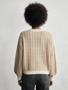 Lumivelle Women's Casual Fashion Young Minimalist Versatile Commute Loose Round Neck Lantern Sleeve Textured Knit Sweater, Autumn/Winter - Khaki - View 3