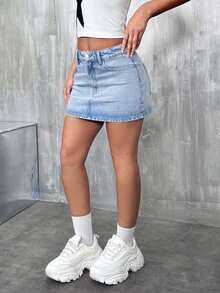 EURMUSE Petite Low Waist Light Wash Mini Denim Skirt - Light Wash - View 5