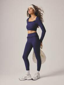Aralina 休闲服方领荷叶边长袖上衣和紧身裤活力健身两件套女式套装 - 藍色 - 查看 4