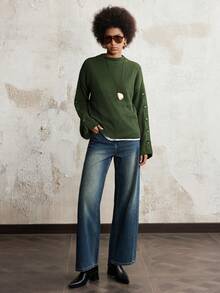 SHEIN LUNE 休闲纯色纽扣喇叭袖套头衫，秋冬 - 軍綠色 - 查看 5