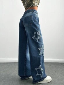 EURMUSE Women's Rapper Athleisure Grunge Star Pattern Washed Jeans - Medium Wash - View 2