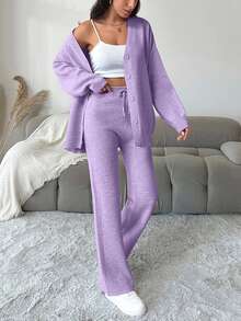 EURMUSE Women's Casual Loose Front Button Cardigan And Pants 2 Pieces Set, Autumn/Winter - Lilac Purple - View 6