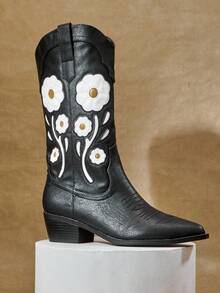 SHUZIA New Women's Floral Embroidery Vegan Leather Pointed Toe Western Style Chic Cowboy Boots Chunky Heel Slip-On Rodeo Dance Holiday Fall Winter Shoe - Black - View 5