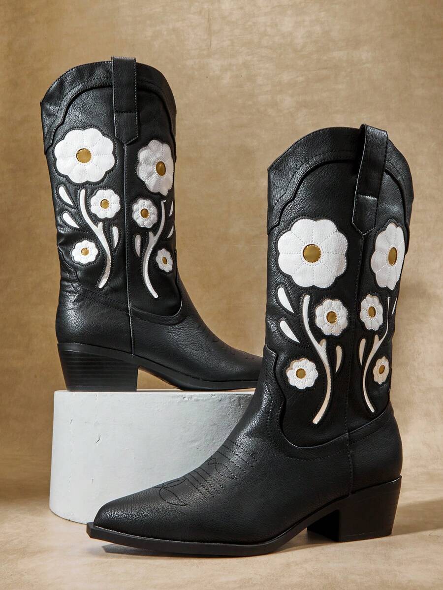 SHUZIA New Women's Floral Embroidery Vegan Leather Pointed Toe Western Style Chic Cowboy Boots Chunky Heel Slip-On Rodeo Dance Holiday Fall Winter Shoe - Black - View 1