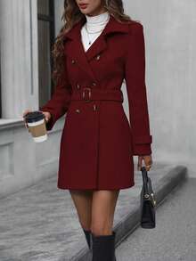 EMERY ROSE Women's Casual & Commuter Double-Breasted Belted Overcoat, Solid Color, Autumn/Winter