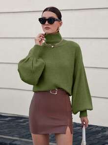 Women's Lantern Sleeve Casual Knitted Sweater, High Neck Floral Textured Pullover,Jumper,Cream Jumper,Jumpers,Black Jumper,Womens Jumper,White Jumper,Women's Jumper,Women's Jumpers,Winter Clothes