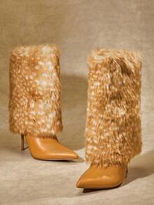 SHUZIA Glamorous Women's Faux Fur Fuzzy Fluffy Pointed Toe Stiletto Heel Mid-Calf Boots-Warm Comfort Winter Holiday Sexy Party Shoe - Multicolor - View 2