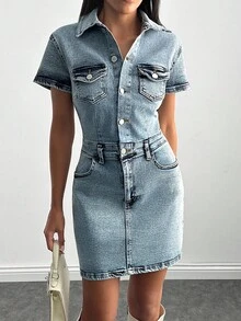 RueChic Mini Button And Belt Detailed Denim Dress - Baby Blue - View 3