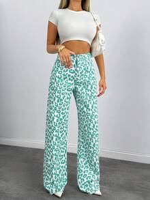 SHEIN Tall 100% 纯棉中腰宽腿豹纹高腰牛仔裤 - 彩色 - 查看 3
