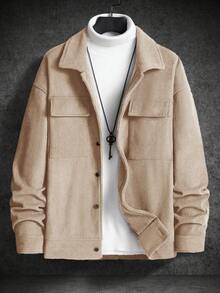 Manfinity Homme Loose Fit Men's Long Sleeve Flap Pocket Drop Shoulder Button Up Corduroy Jacket , Fall Winter - Khaki - View 3