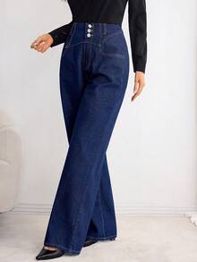 Elenzga 女式蓝色直筒高腰休闲百搭时尚牛仔裤 - 藍色 - 查看 4