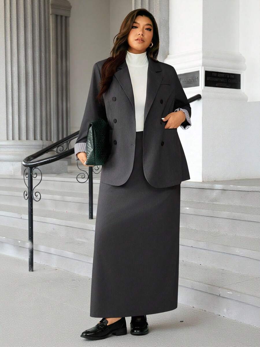 Easura Plus Size Casual Fashionable High-End Elegant Striped Patchwork Double-Breasted Blazer & Skirt 2 Pieces Set Fall Cloth For Women Autumn, Blazer Skirt Set