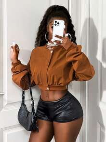 BamGleam Women's Solid Color Ribbed Patchwork Front Zipper Sleeve Ruched Design Button Long Sleeve Cropped Waist Jacket Brown Y2k Short Motorcycle Jacket - Brown - View 6